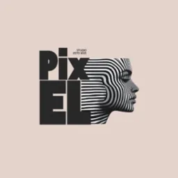 Abstrakcyjne logo studia 'Pixel' z geometryczną twarzą w paski i nowoczesnym fontem na jasnoróżowym tle.