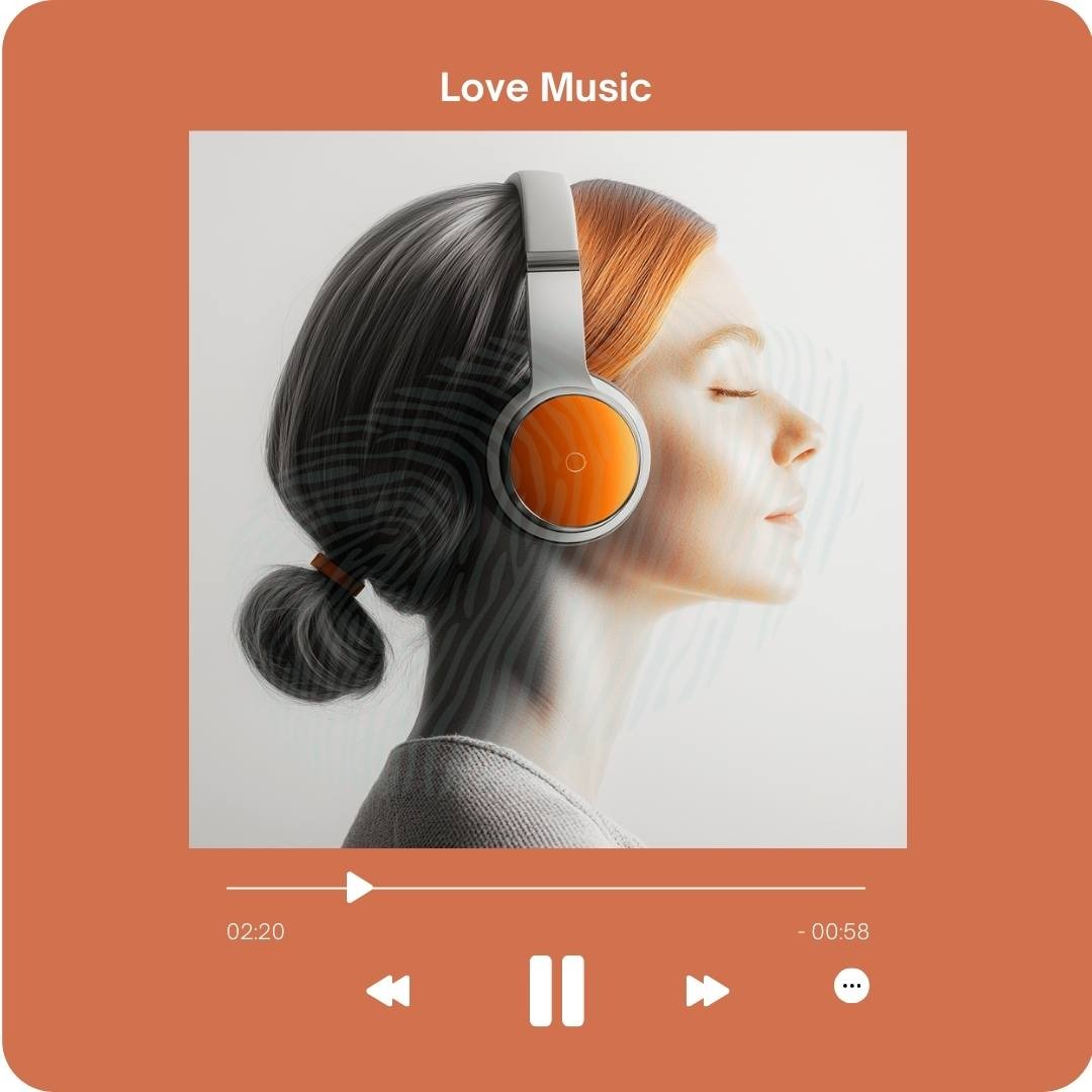 Grafika przedstawia kobietę w słuchawkach, z nałożonym efektem wizualizacji dźwięku, przypominająca interfejs odtwarzacza muzycznego, promowana w Puck.