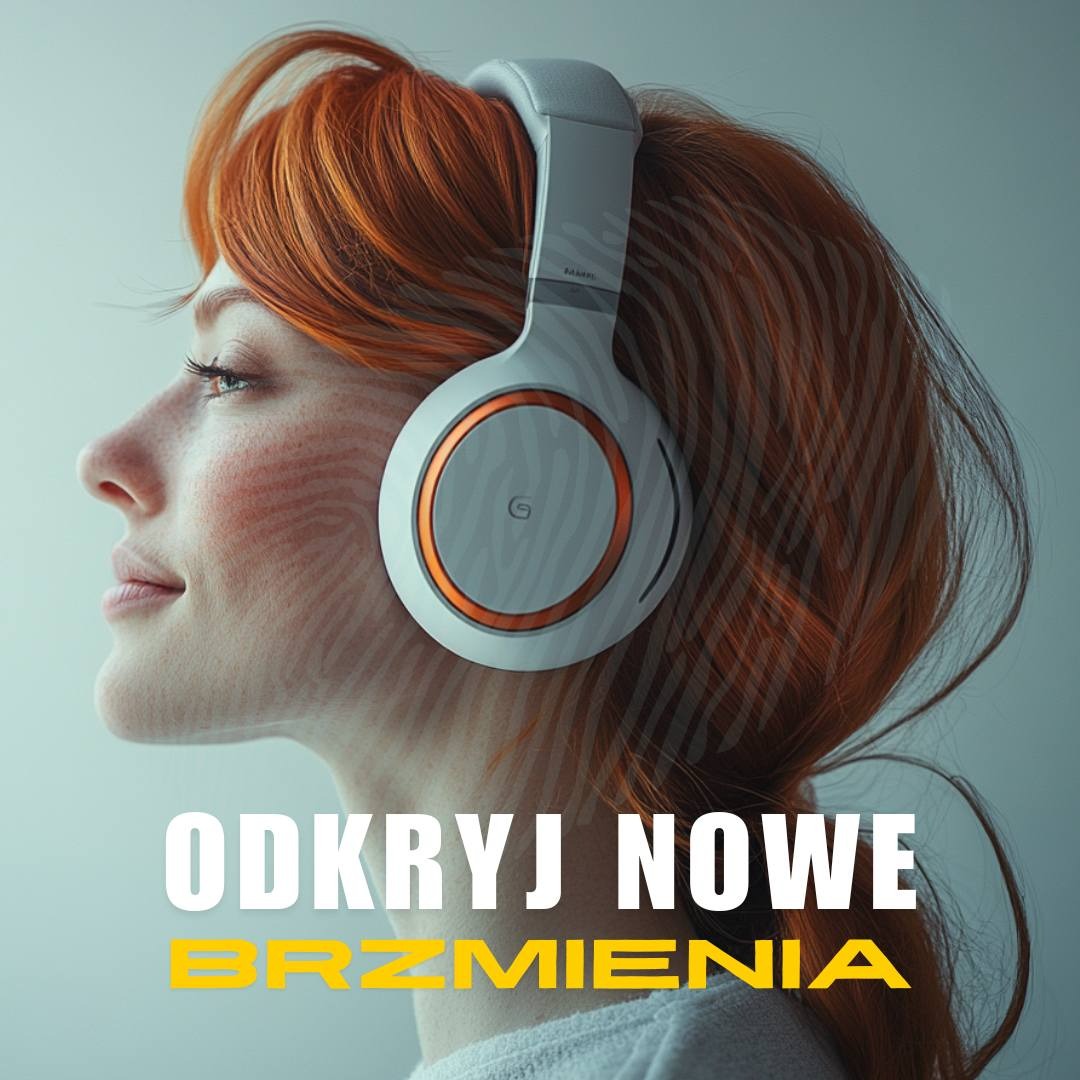 Portret kobiety z rudymi włosami, na uszach białe słuchawki z pomarańczowym akcentem, nałożony wzór zebry na twarz i włosy, napis 'Odkryj nowe brzmienia'.