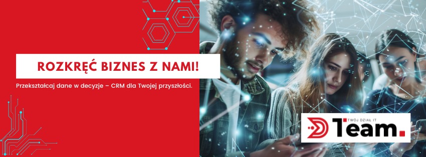 Grafika reklamowa z hasłem 'Rozkręć biznes z nami!' i wizerunkiem młodych ludzi korzystających z urządzeń mobilnych, otoczonych cyfrowymi połączeniami, obok logo firmy IT.