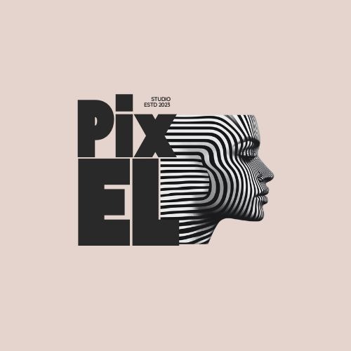 Abstrakcyjne logo studia 'Pixel' z geometryczną twarzą w paski i nowoczesnym fontem na jasnoróżowym tle.
