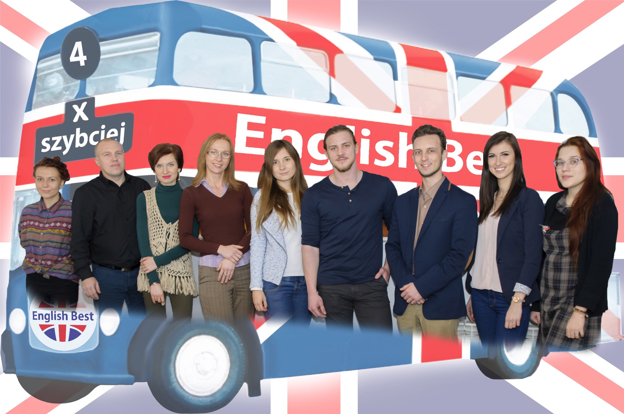 Grupa uśmiechniętych lektorów na tle grafiki autobusu w barwach flagi brytyjskiej z napisem 'English Best' i 'X szybciej'.