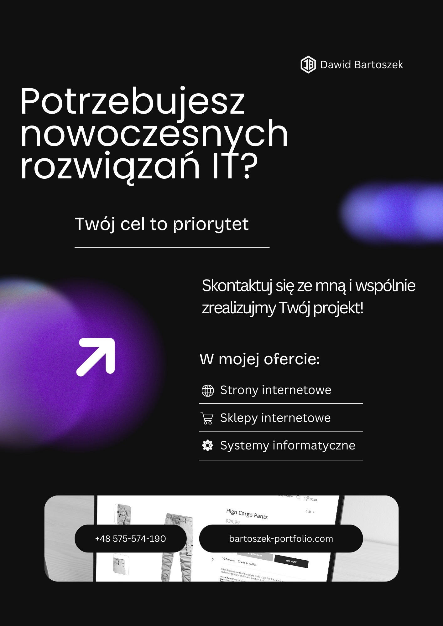 Grafika reklamowa usług IT: strony internetowe, sklepy online i systemy informatyczne. Prezentacja portfolio na tle ekranu z ofertą spodni cargo.