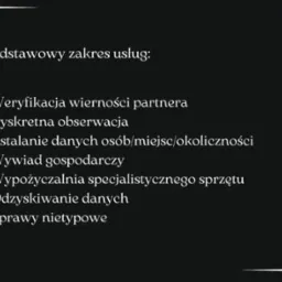 Tekstowy spis podstawowego zakresu usług detektywistycznych, w tym weryfikacja wierności, dyskretna obserwacja, ustalanie danych, wywiad gospodarczy, wypożyczalnia sprzętu i odzyskiwanie danych.