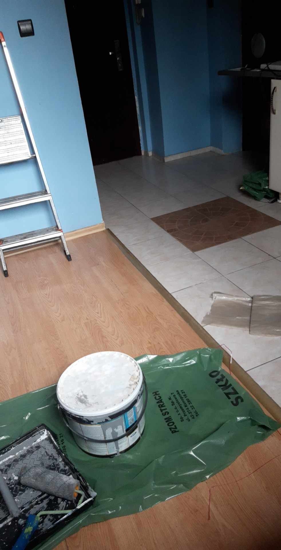 Przygotowania do malowania: wiadro białej farby, kuweta z wałkiem i folia ochronna na podłodze z paneli, w tle drabina i niebieska ściana.