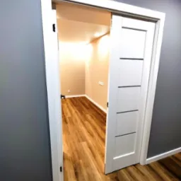 Wnętrze pokoju z drewnianą podłogą, widok przez przesuwne białe drzwi z czarnymi akcentami, ściany pomalowane na szaro i beżowo.