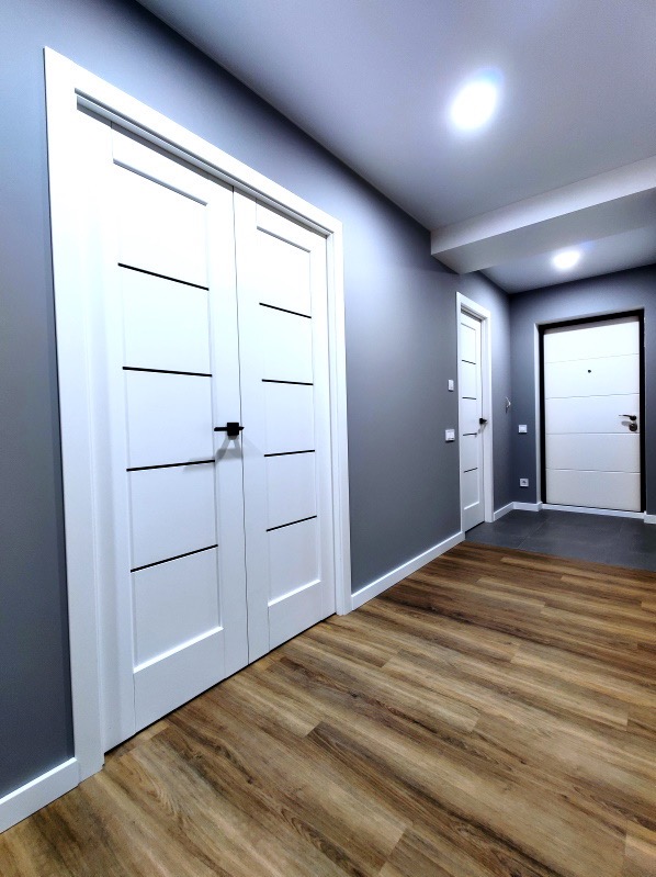 Korytarz w odcieniach szarości z drewnopodobną podłogą, białymi drzwiami wewnętrznymi z czarnymi poziomymi paskami i białymi drzwiami wejściowymi w tle.