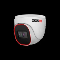 Kamera przemysłowa kopułkowa Provision ISR, biała obudowa z czarnym obiektywem i czerwoną obwódką, widoczne logo firmy.