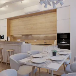 Nowoczesna kuchnia z drewnianymi frontami szafek górnych, białymi szafkami dolnymi, wyspą z hokerami i stołem jadalnym z nakryciem dla czterech osób. W tle widoczny czarny piekarnik i dekoracyjny...