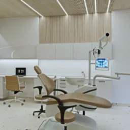 Wnętrze gabinetu dentystycznego z beżowym fotelem dentystycznym, lampą, monitorem z prześwietleniem zębów, białymi szafkami i biurkiem z laptopem wskazującym godzinę 8:31. Drewniane panele...