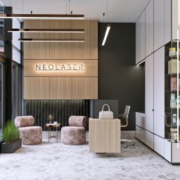 Yurii Fedenko Solutions - Nowoczesne wnętrze biura z recepcją, oświetlonym logo 'NEOLASER' na drewnianej ścianie, pluszowymi pufami i przeszkloną witryną z kosmetykami.
