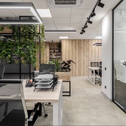 Yurii Fedenko Solutions - Nowoczesne biuro z przeszklonymi ścianami, biurkami z siatkowymi krzesłami, roślinami doniczkowymi i oświetleniem LED
