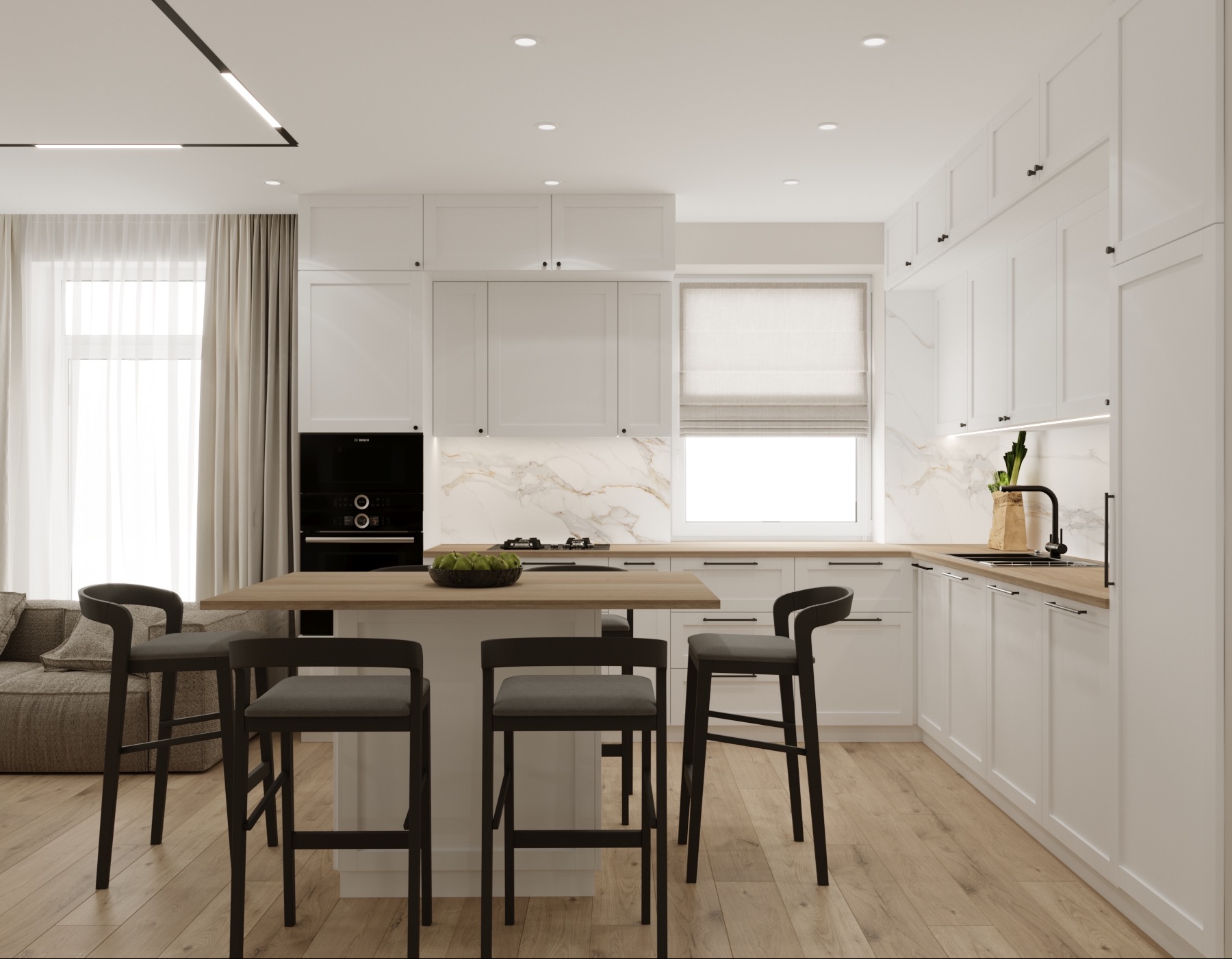Jasna kuchnia z wyspą i czterema hokerami, marmurowy backsplash, drewniana podłoga i minimalistyczne oświetlenie sufitowe.