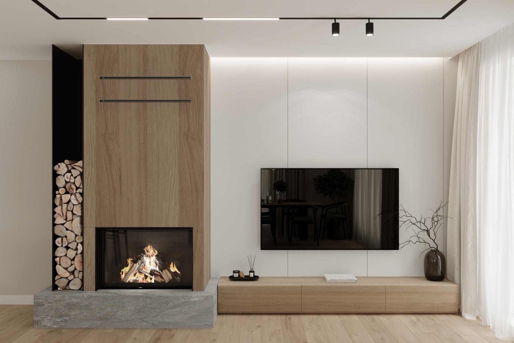 Minimalistyczny salon z drewnianym kominkiem, czarnym wnęką na drewno i telewizorem zawieszonym na białej ścianie, oświetlenie szynowe na suficie, drewniana podłoga.