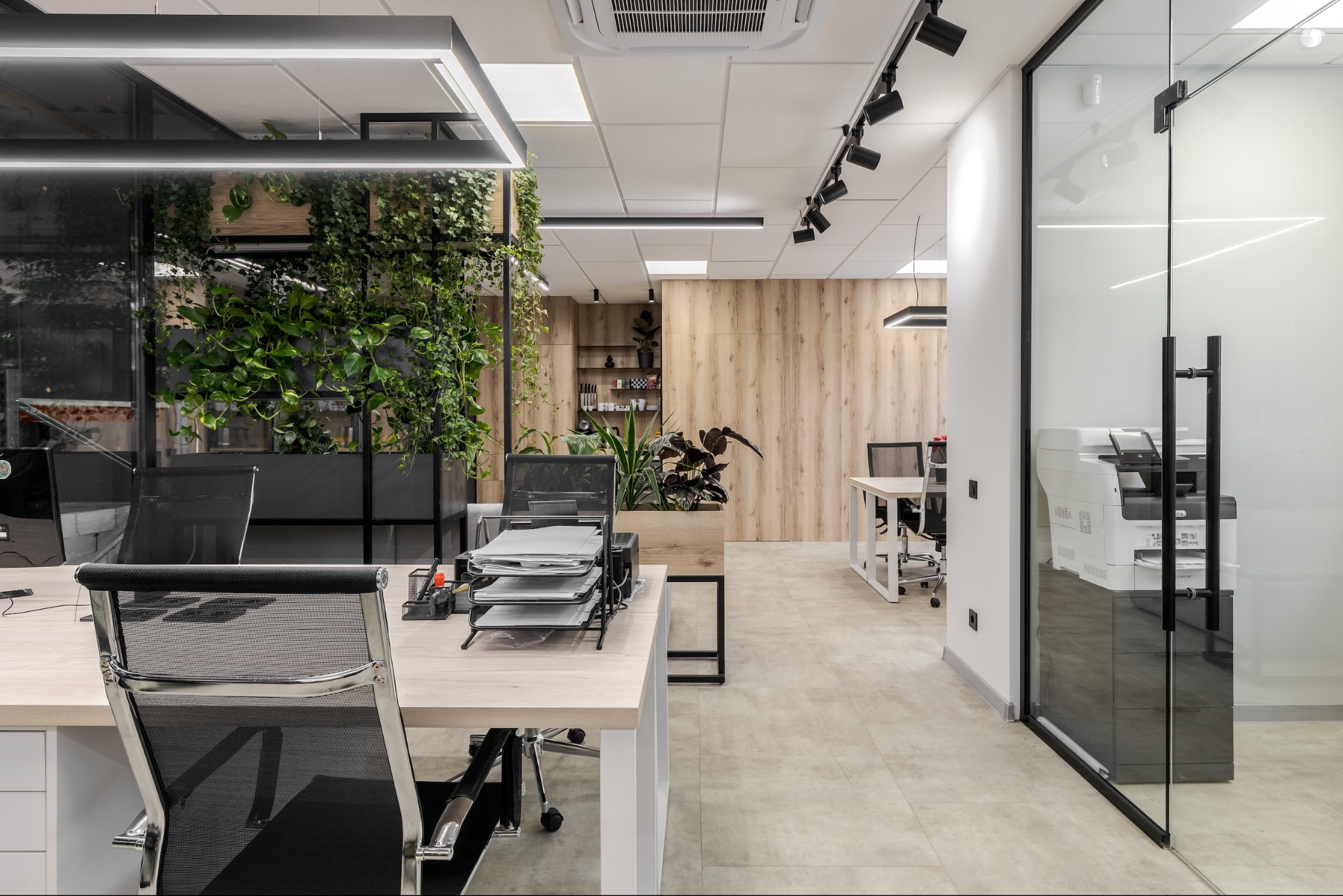 Nowoczesne biuro z przeszklonymi ścianami, biurkami z siatkowymi krzesłami, roślinami doniczkowymi i oświetleniem LED