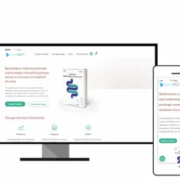 Ekran komputera i smartfona wyświetlające stronę internetową Colotect z informacjami o teście genetycznym na raka jelita grubego, widoczny zestaw do pobrania próbek stolca.