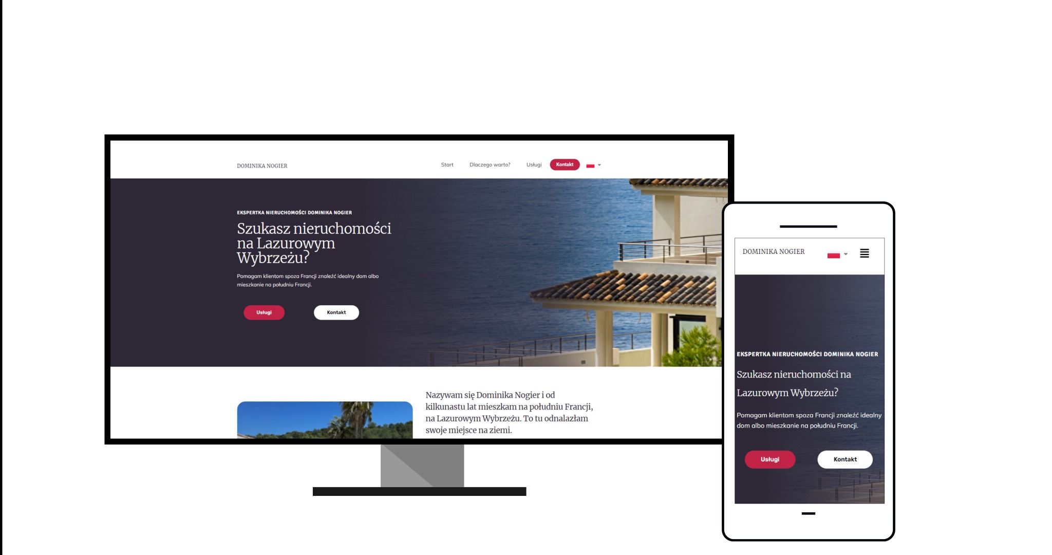 Prezentacja responsywnej strony OnePager dla Dominiki Nogier na ekranie monitora i smartfona, z widocznym motywem nieruchomości na Lazurowym Wybrzeżu i elementami interfejsu użytkownika.