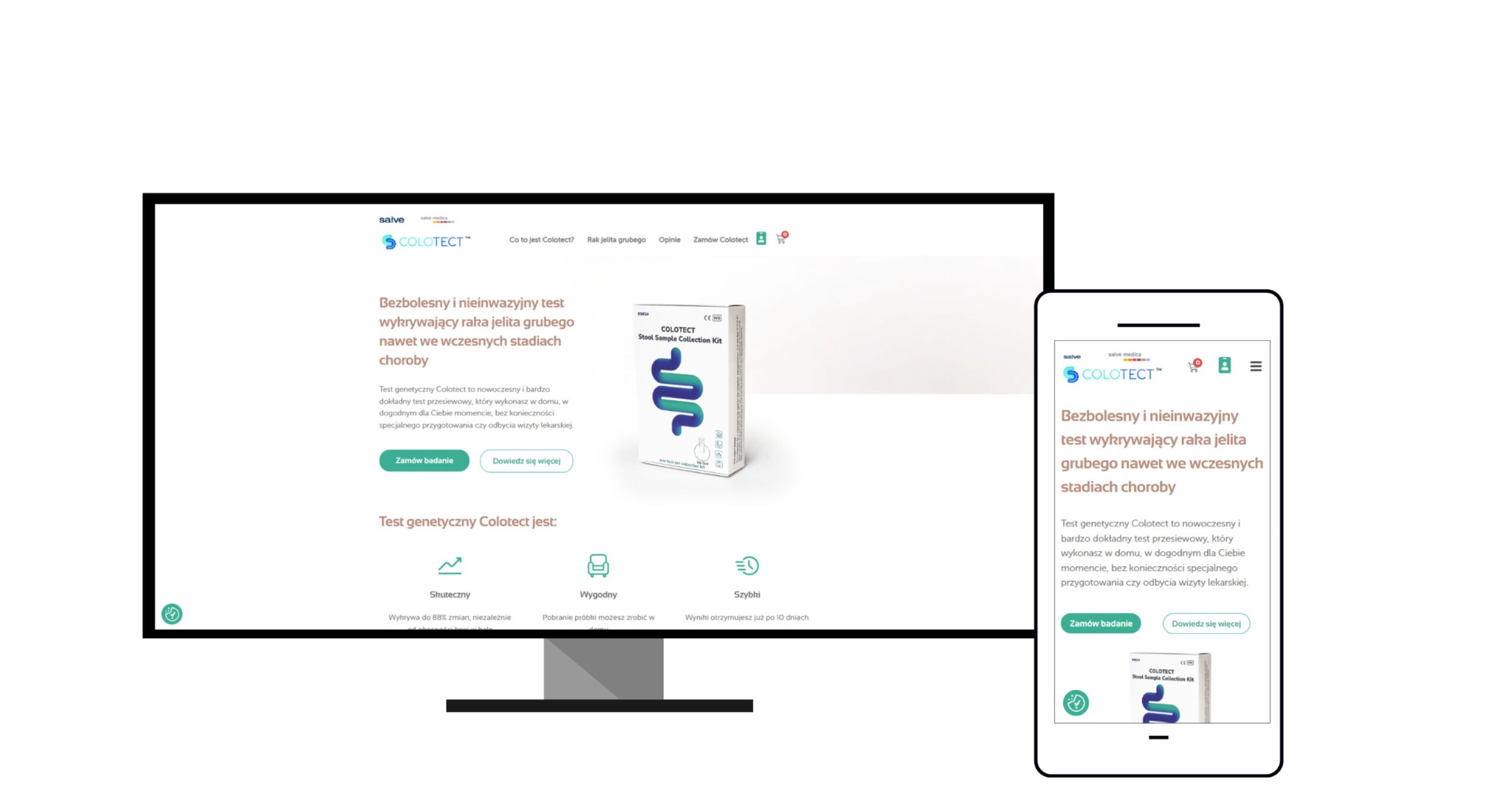 Ekran komputera i smartfona wyświetlające stronę internetową Colotect z informacjami o teście genetycznym na raka jelita grubego, widoczny zestaw do pobrania próbek stolca.