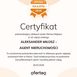 Aleksander Miłosz LeoEstate Nieruchomości - Certyfikat Oferteo Najlepsi 2026 dla agenta nieruchomości Aleksandra Miłosza, potwierdzający wysoką jakość usług i obecność w elitarnym gronie.