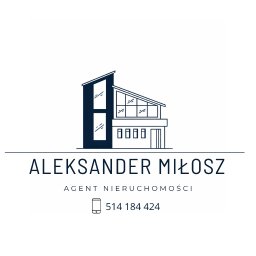 Aleksander Miłosz LeoEstate Nieruchomości - Minimalistyczne logo agenta nieruchomości: stylizowany dom, imię i nazwisko 'Aleksander Miłosz', podpis 'Agent Nieruchomości' i numer telefonu. Granatowa kolorystyka.