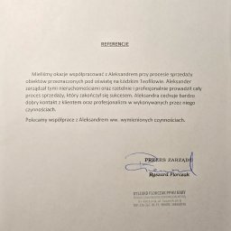 Aleksander Miłosz LeoEstate Nieruchomości - Referencje od Ryszarda Florczaka PPHU KARY dla Aleksandra za profesjonalne prowadzenie procesu sprzedaży nieruchomości w Łodzi Teofilowie.