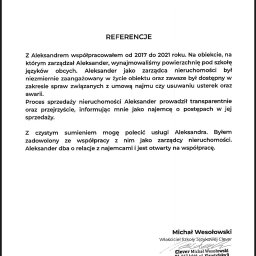 Aleksander Miłosz LeoEstate Nieruchomości - Skan dokumentu referencyjnego dla zarządcy nieruchomości, wystawionego przez szkołę językową Clever, z tekstem rekomendacji i danymi kontaktowymi.