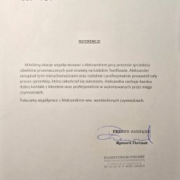Aleksander Miłosz Agent Nieruchomości - Dokument referencyjny od Ryszarda Florczaka PPHU KARY, potwierdzający profesjonalizm Aleksandra w zarządzaniu i udanej sprzedaży nieruchomości w Łodzi Teofilowie.