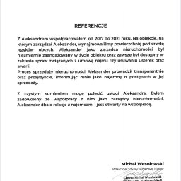Aleksander Miłosz Agent Nieruchomości - Referencje od Michała Wesołowskiego ze Szkoły Językowej Clever, polecające Aleksandra za zarządzanie nieruchomością i transparentny proces sprzedaży. Dokument zawiera dane kontaktowe.