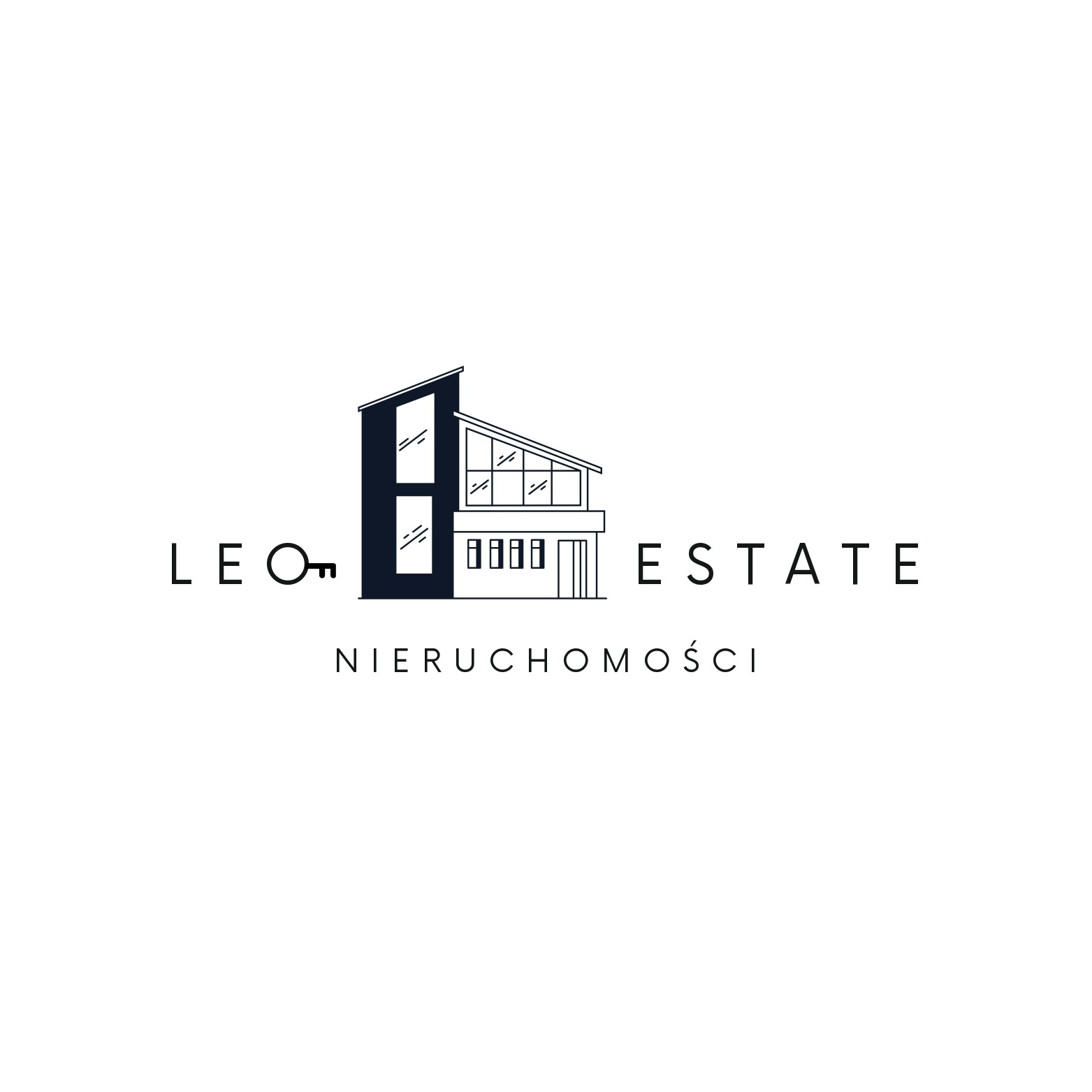 Minimalistyczne logo firmy Leo Estate Nieruchomości z graficznym symbolem domu wkomponowanym w litery, klucz w miejscu litery 'O'.