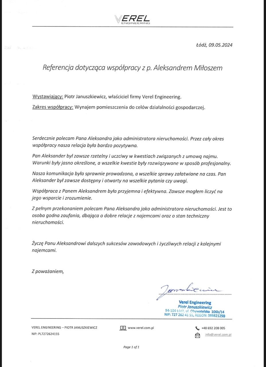 Referencje ws. zarządzania nieruchomością komercyjną i obsługą najmu