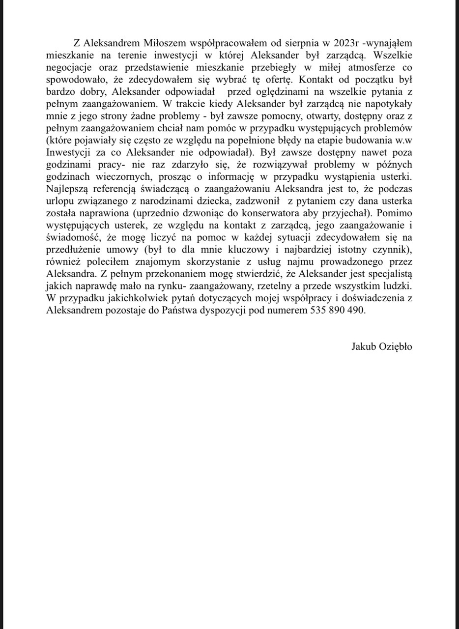 Skan referencji dotyczących zarządzania nieruchomością komercyjną i obsługi najmu w Łodzi, podpisanych przez Jakuba Oziębło, podkreślających zaangażowanie i profesjonalizm.