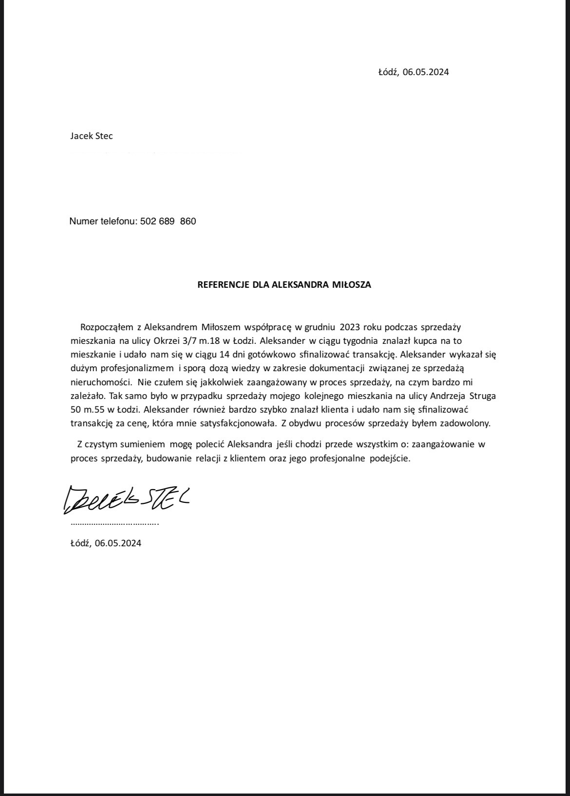Skan referencji dla Aleksandra Miłosza, dotyczącej sprzedaży mieszkań w Łodzi, z podpisem Jacek Stec i numerem telefonu. Dokument z datą 06.05.2024.