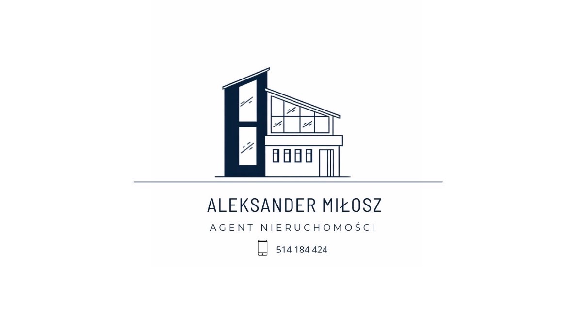 Minimalistyczne logo agenta nieruchomości: stylizowany budynek z nowoczesną architekturą, imię i nazwisko, zawód oraz numer telefonu na białym tle.
