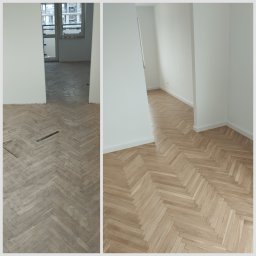 Parkiet dębowy (przed i po cyklinowaniu) klepki ruszały się wszystkie wymagały iniekcji (podklejania). Lakier naturalny, półmat Blanchon. Na ścianach białe listwy MDF.