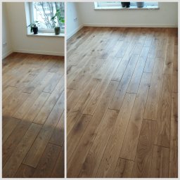 Dębowe deski (przed i po cyklinowaniu). Twardy wosk Saicos w aspekcie mat,  konieczna była renowacja faz.