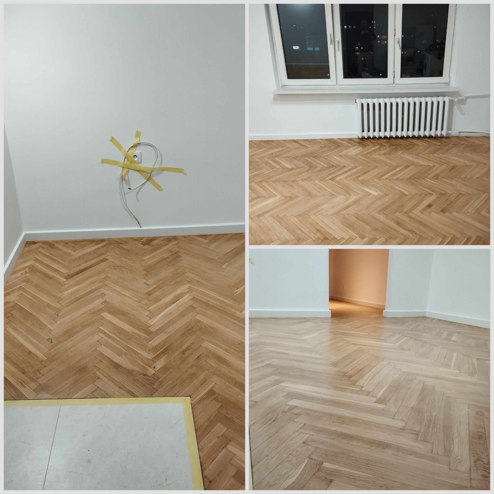 Parkiet ułożony w jodełkę francuską, widok na świeżo wykończoną podłogę z jasnego drewna, z fragmentem podłogi zabezpieczonym taśmą malarską.