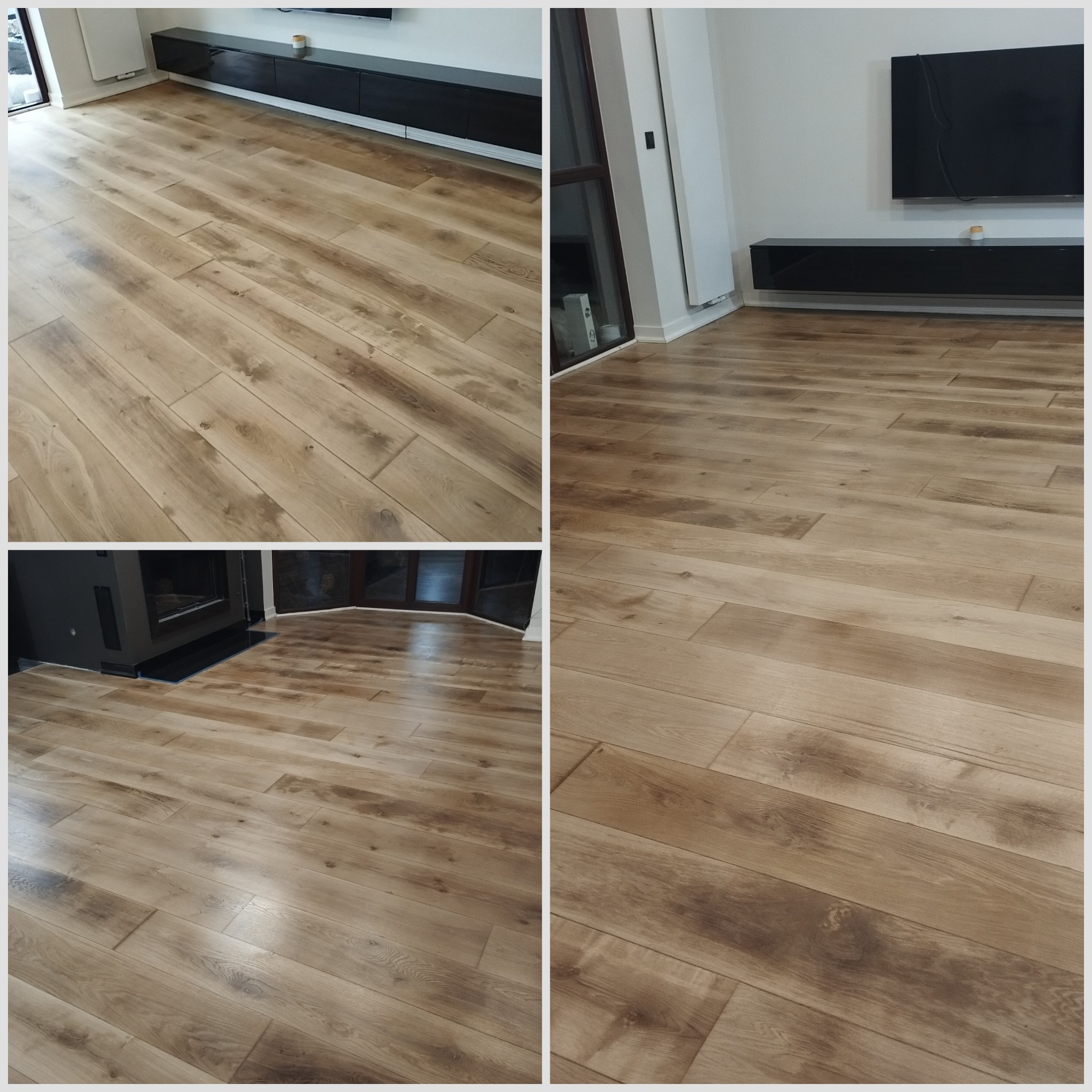 Efekt po cyklinowaniu i zaszpachlowaniu faz w podłodze postarzanej podłodze dębowej