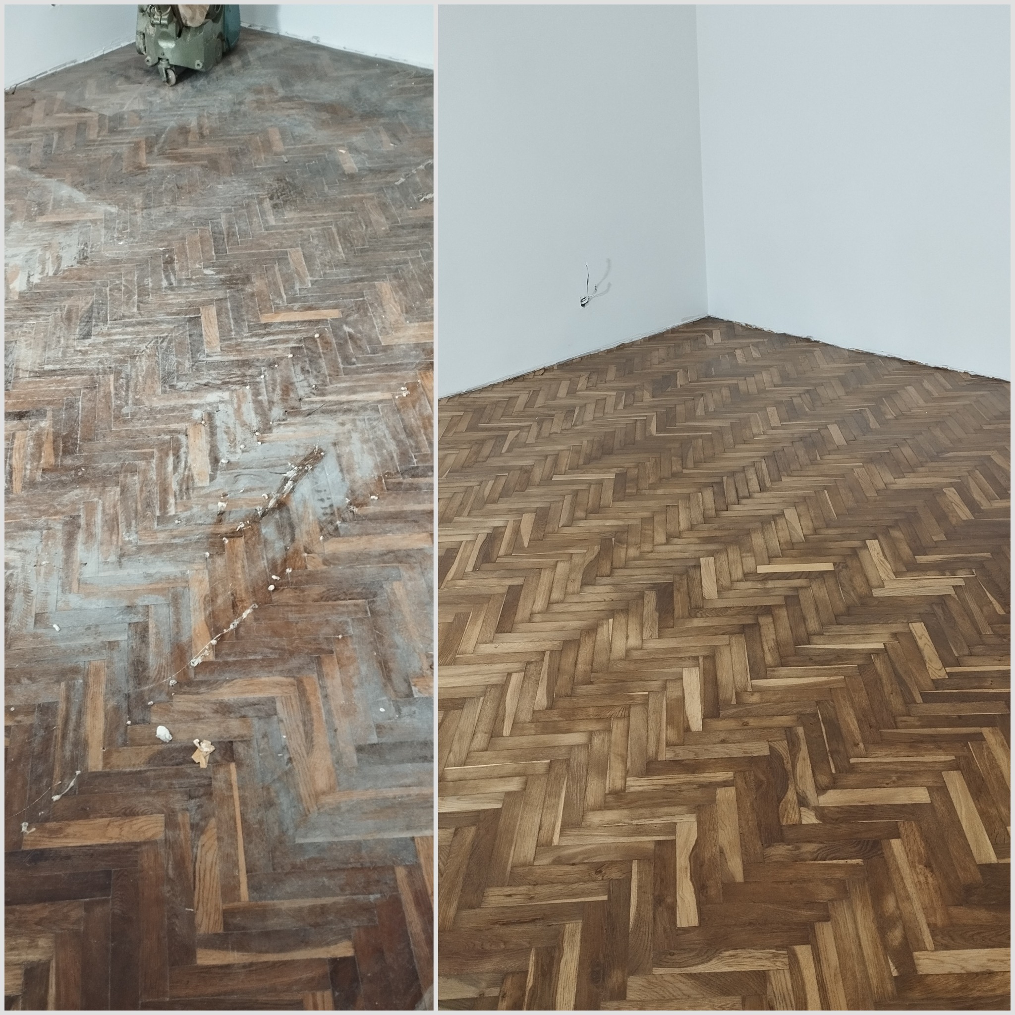 Podłoga dębowa po całości podklejana, lakier Deva połysk (przed i po cyklinowaniu)