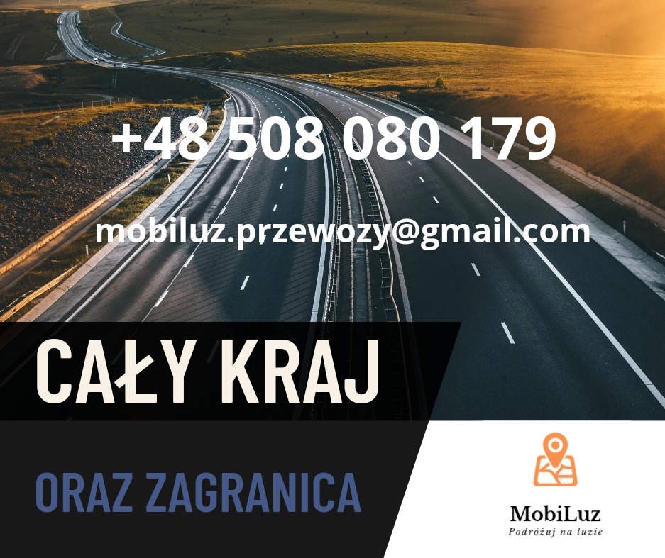 Asfaltowa autostrada w perspektywie, z widocznym kontaktem telefonicznym i adresem email firmy transportowej, hasłem 'CAŁY KRAJ ORAZ ZAGRANICA' oraz logo Mobiluz z hasłem 'Podróżuj na luzie'.