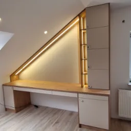 Biurko na wymiar wkomponowane w skos dachu, z oświetleniem LED i szafkami, jasne drewno i białe fronty, drewniana podłoga.
