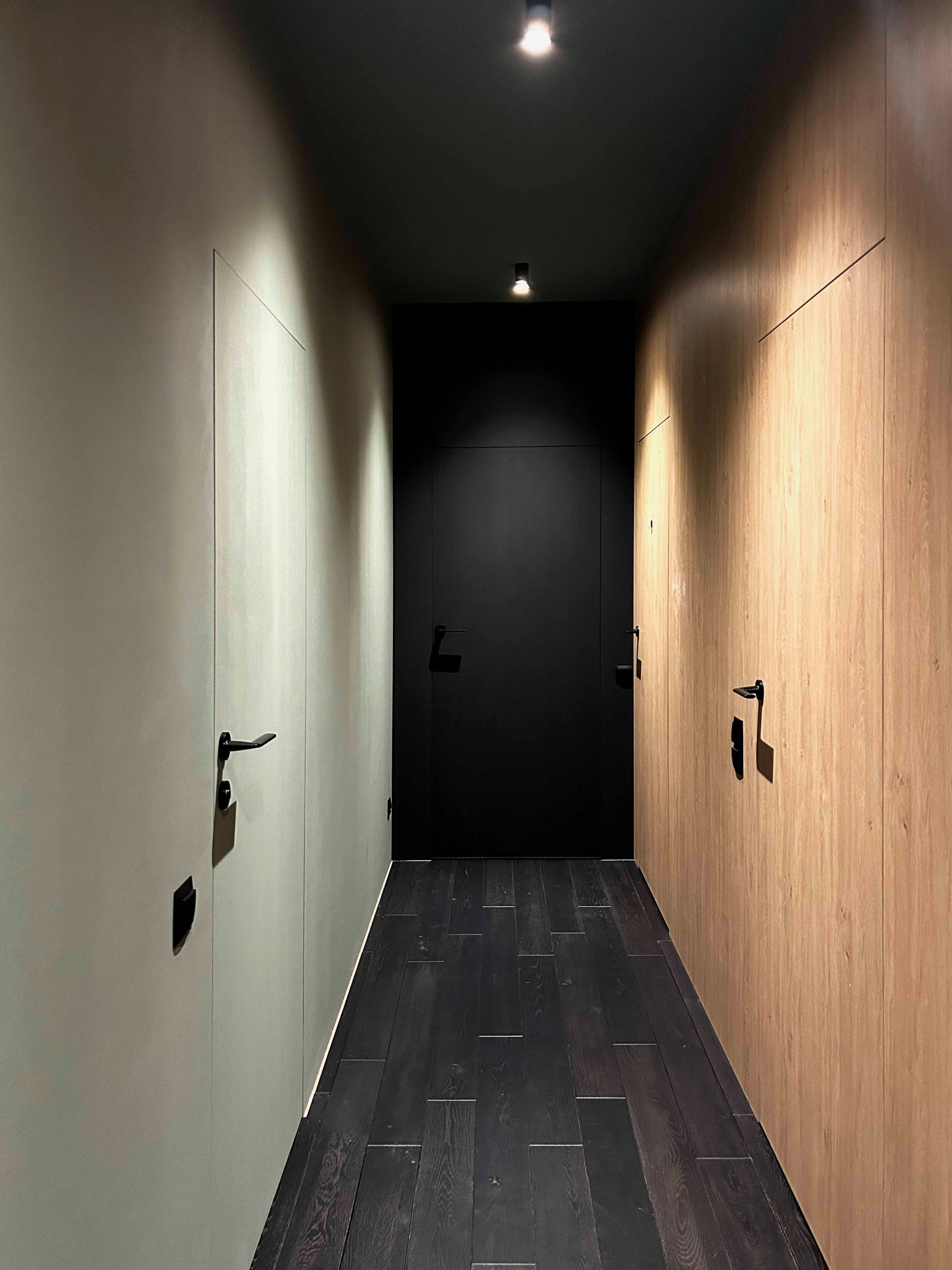 Wąski korytarz z ukrytymi drzwiami i szafami w zabudowie, podłoga z ciemnego drewna, minimalistyczne czarne klamki i oświetlenie punktowe.