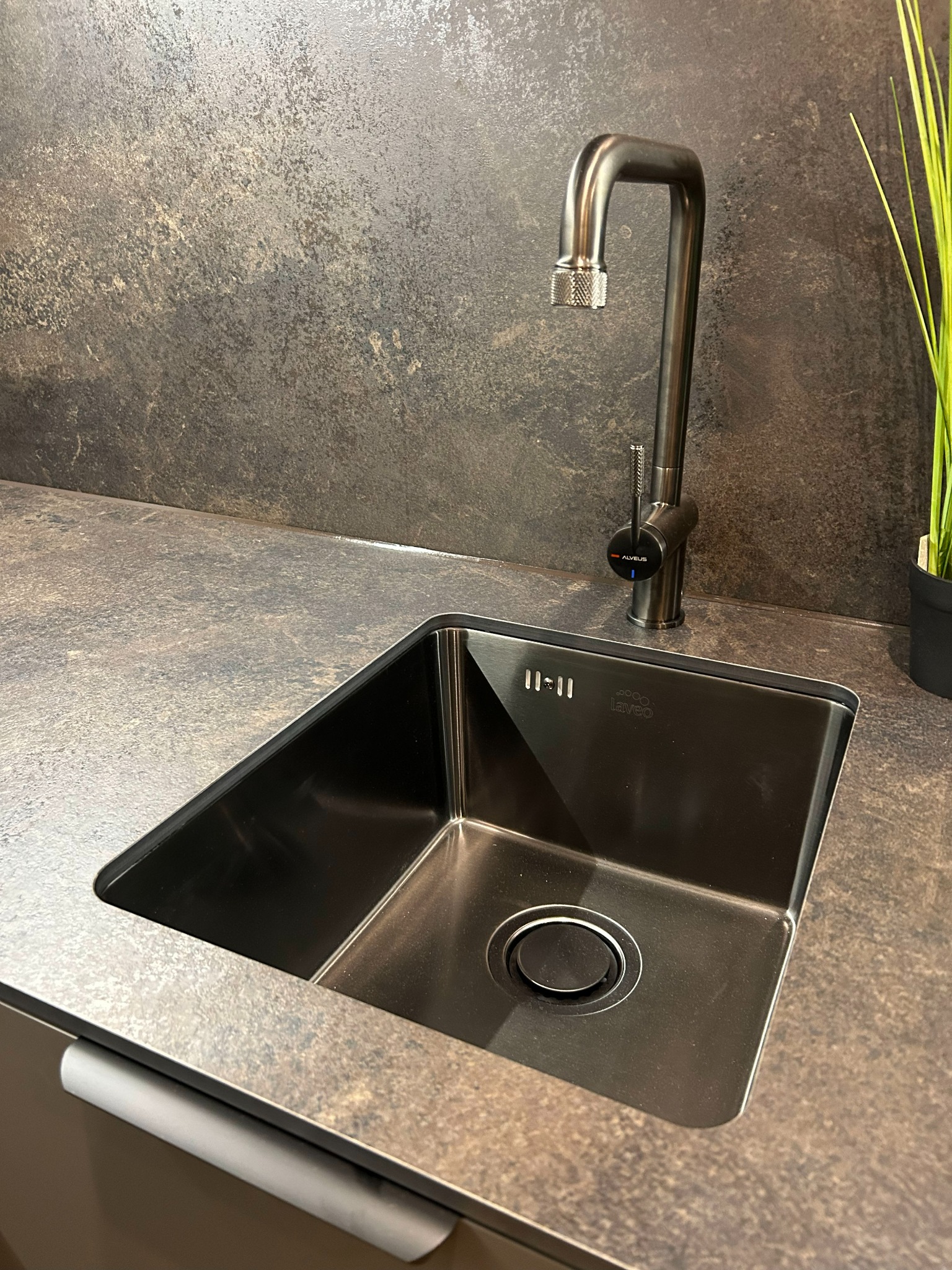 Stalowy zlew kuchenny Laveo z baterią Alveus na blacie o teksturze kamienia. Minimalistyczny design, nowoczesne wykończenie, roślina w tle. Ujęcie z bliska.