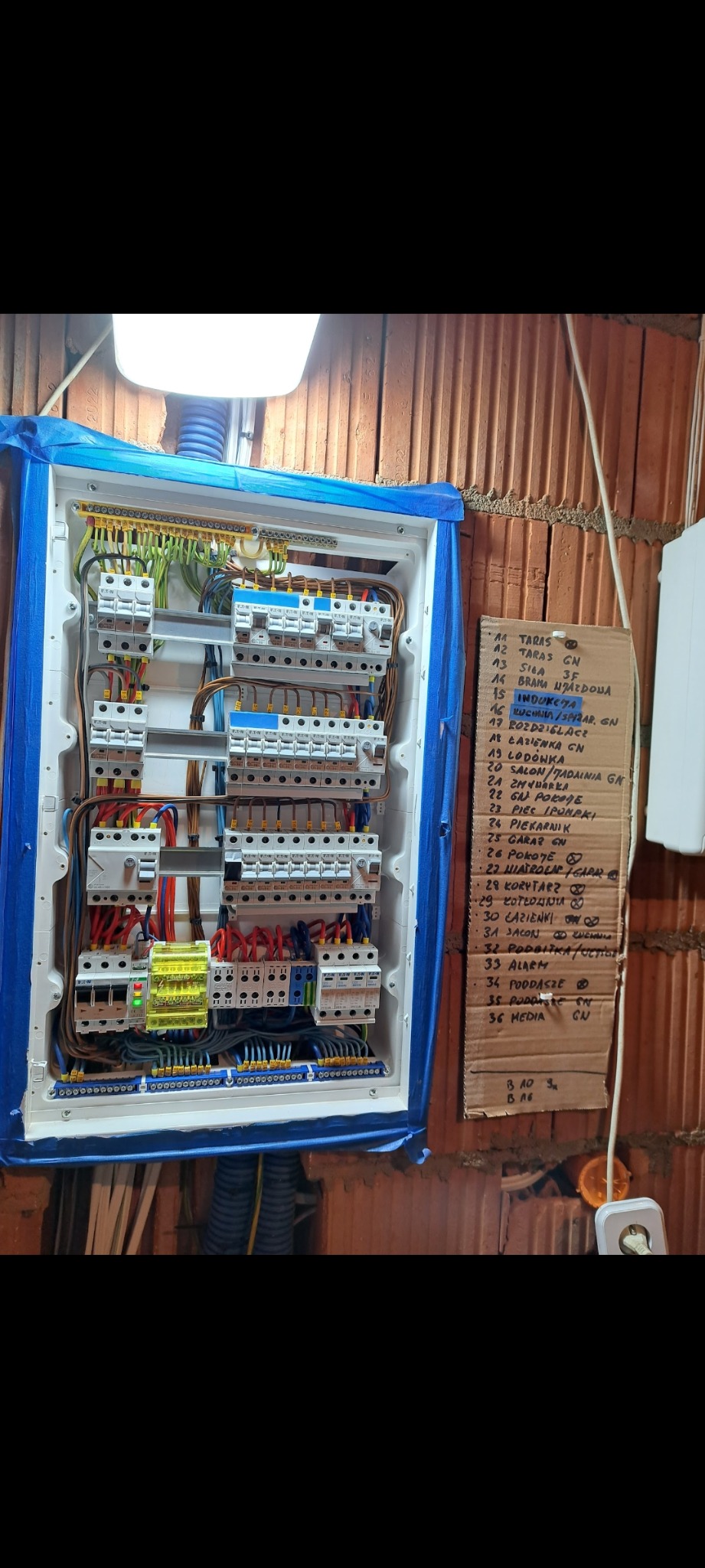 Rozdzielnia elektryczna w trakcie montażu, zabezpieczona niebieską taśmą malarską, z listą obwodów napisaną na kartonie wiszącym obok na ceglanej ścianie.