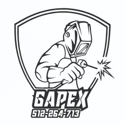 GAPEX Kamil Gapiński - Czarno-biały rysunek przedstawiający spawacza w masce ochronnej, trzymającego palnik spawalniczy, z którego wydobywają się iskry. Poniżej widnieje nazwa firmy 'GAPEX' i numer telefonu.