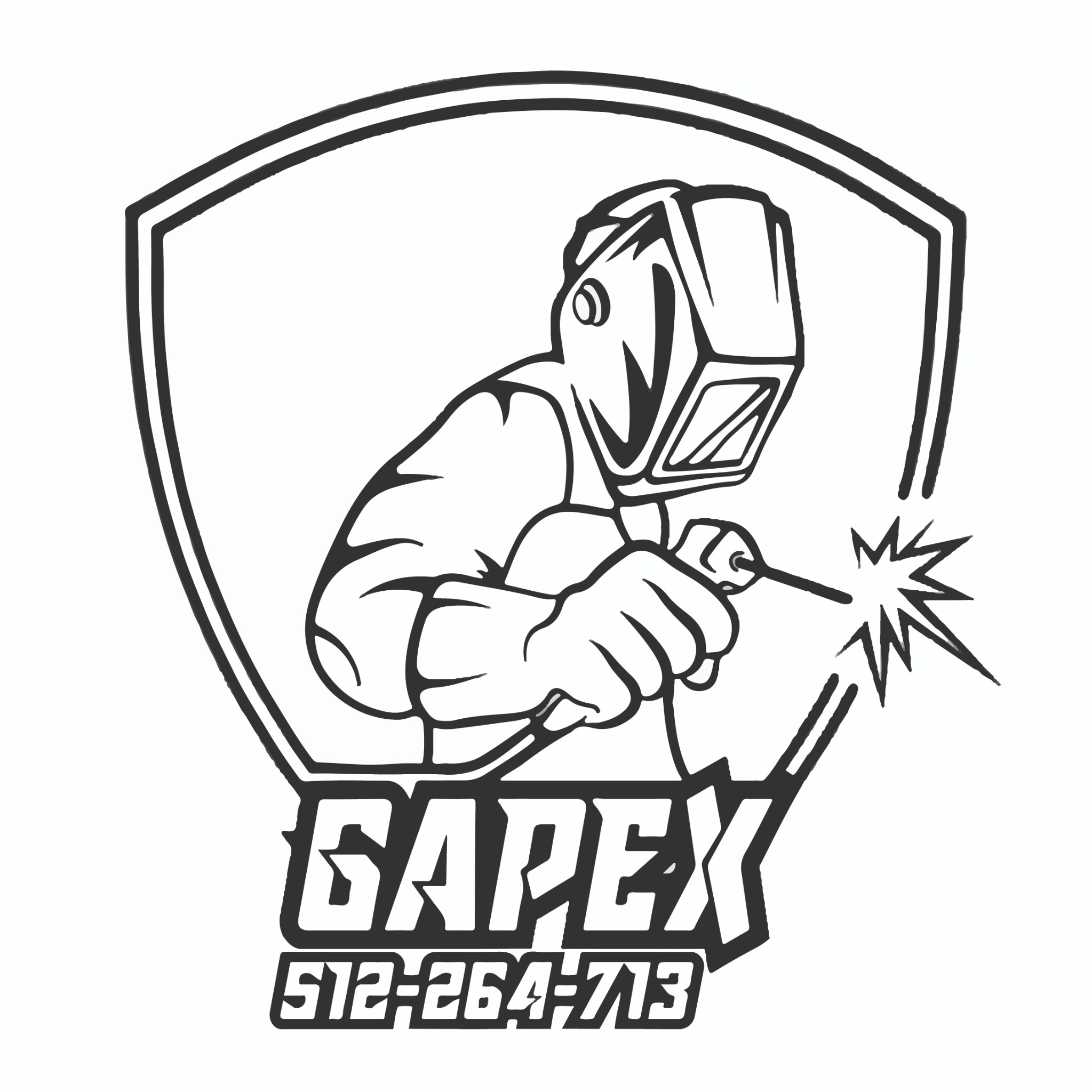Czarno-biały rysunek przedstawiający spawacza w masce ochronnej, trzymającego palnik spawalniczy, z którego wydobywają się iskry. Poniżej widnieje nazwa firmy 'GAPEX' i numer telefonu.