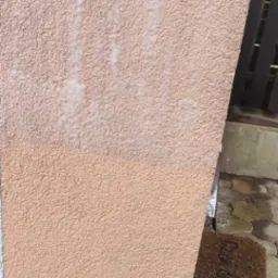 Fragment elewacji w kolorze brzoskwiniowym, z widoczną różnicą w czystości po myciu, zacieki z piany na kostce brukowej i wycieraczce.