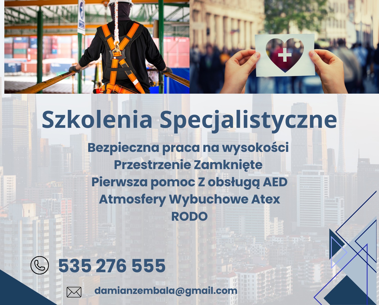 Grafika reklamowa szkoleń specjalistycznych: pracownik w uprzęży na wysokości, symbol serca z plusem, informacje o bezpiecznej pracy na wysokości, pierwszej pomocy, atmosferach wybuchowych i RODO...