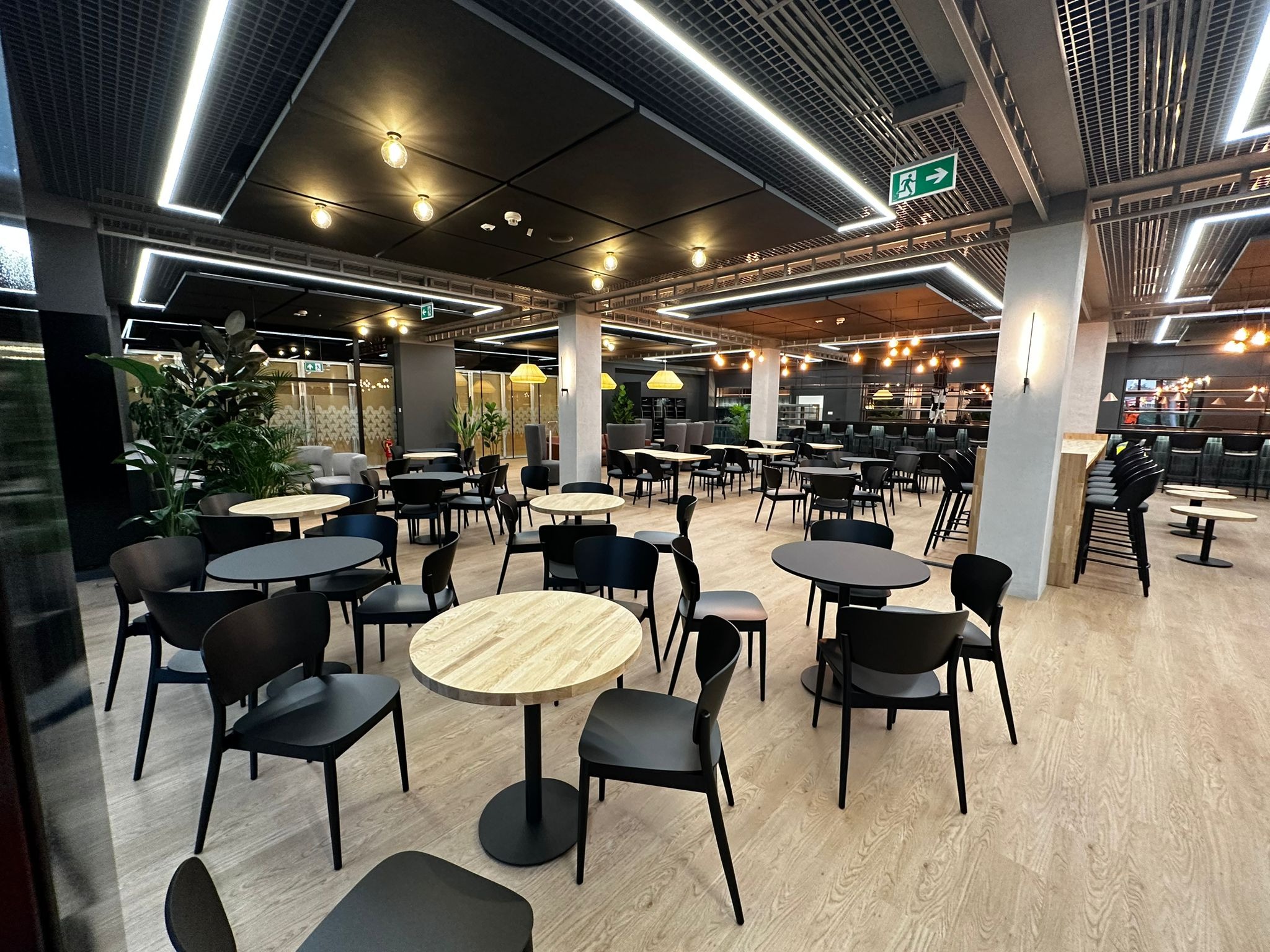 Nowoczesna aranżacja wnętrza biurowego z drewnianymi stołami i czarnymi krzesłami, oświetleniem LED w suficie rastrowym i roślinami doniczkowymi w tle.