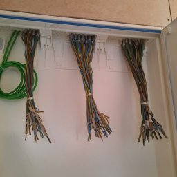 Elektro-S - Rozdzielnia elektryczna z trzema wiązkami przewodów oznaczonych etykietami, z widocznymi żyłami i zielonym przewodem ułożonym w pętlę.