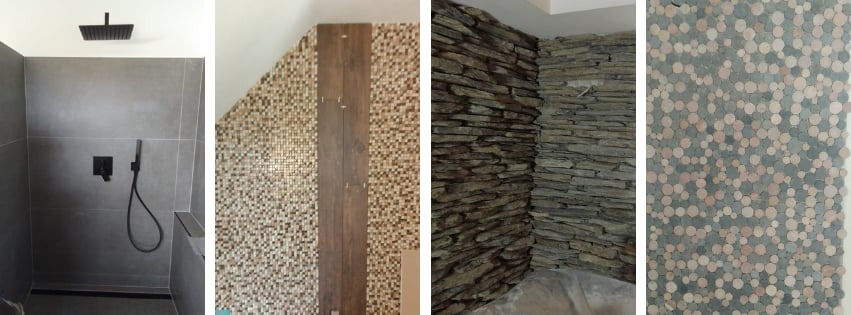 Mozaika z drobnych, okrągłych płytek w odcieniach szarości i różu, ściana wykończona kamieniem łupkowym, kabina prysznicowa z szarymi płytkami i czarną armaturą, oraz ściana z mozaiki w odcieniach...